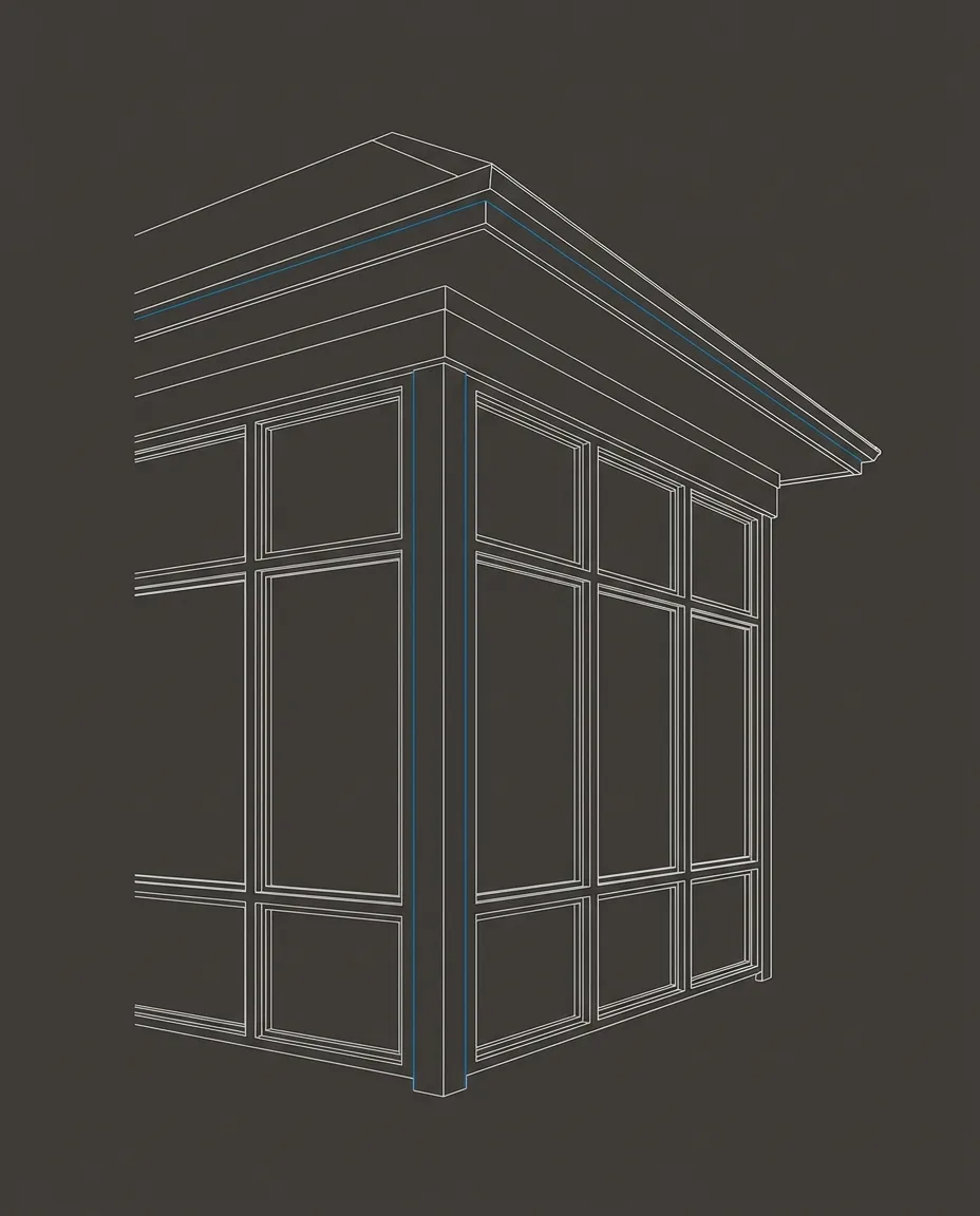 Stylized architectural line-art placeholder graphic of a sunroom exterior detail, different angle - not a real photo. Sunview Enterprises’ real project photography is pending delivery from the client.